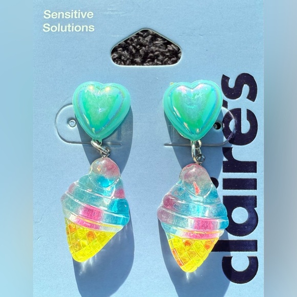 Claire's Puffy Heart and Ice Cream Cone Drop Post Pierced Earrings, Blue Yellow - Picture 4 of 8